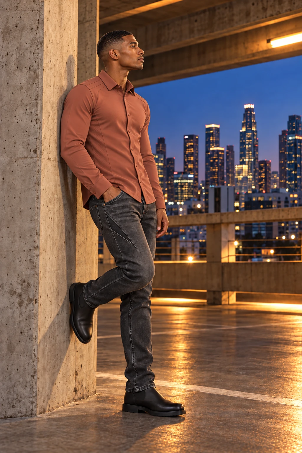 Amir leaning naturally against a downtown concrete column and looking in profile toward the skyline in an Echo Park Social Button-Down and Downtown City Flex Jean