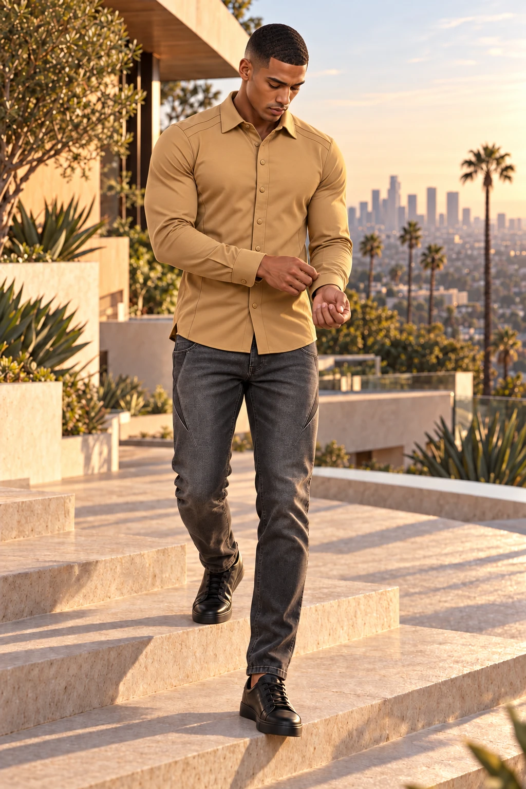 Amir looking down while adjusting his cuff on broad steps above Los Angeles in a Topanga Social Button-Down and Downtown City Flex Jean