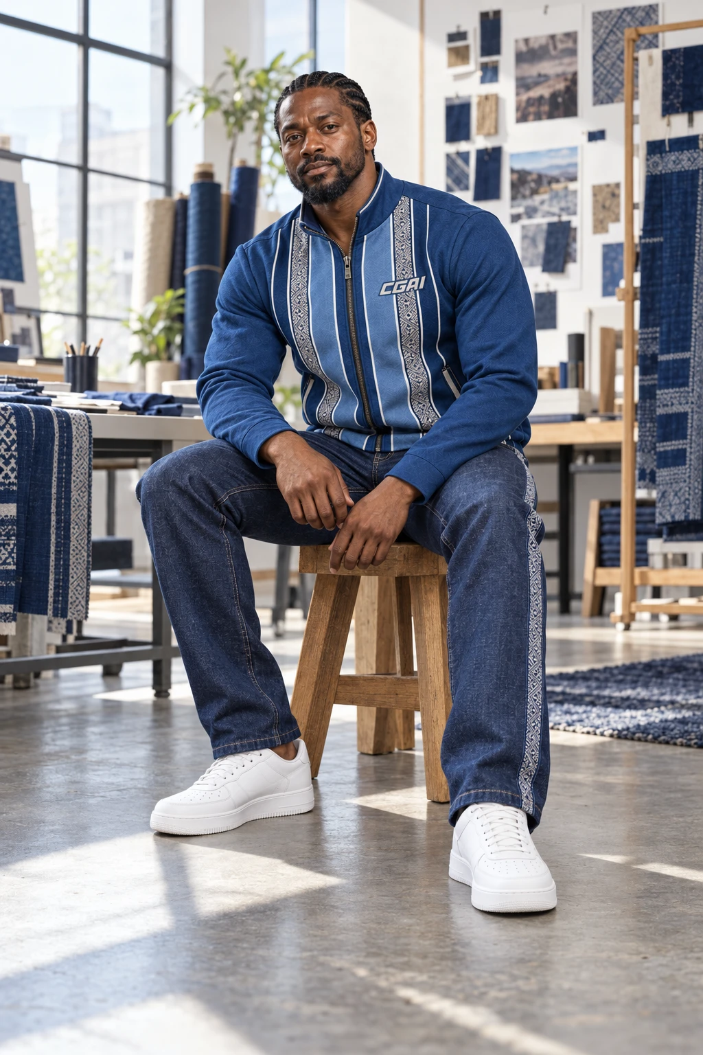 Cebisa seated in a textile studio wearing the Sahel Indigo blouson and structured jeans