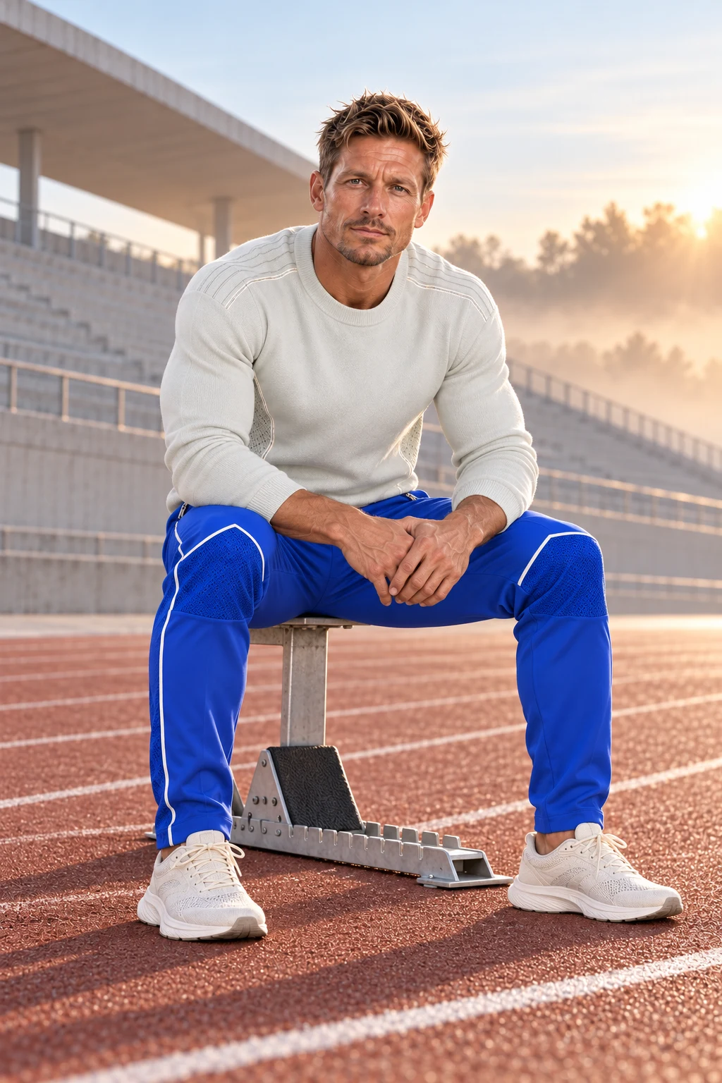 Gunnar wearing a light Gait look beside the running track