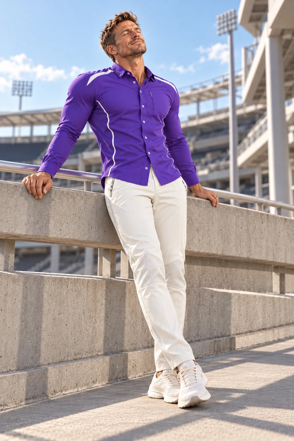 Gunnar leaning into the sunlight in the Negative Split technical button-down with First Light trousers