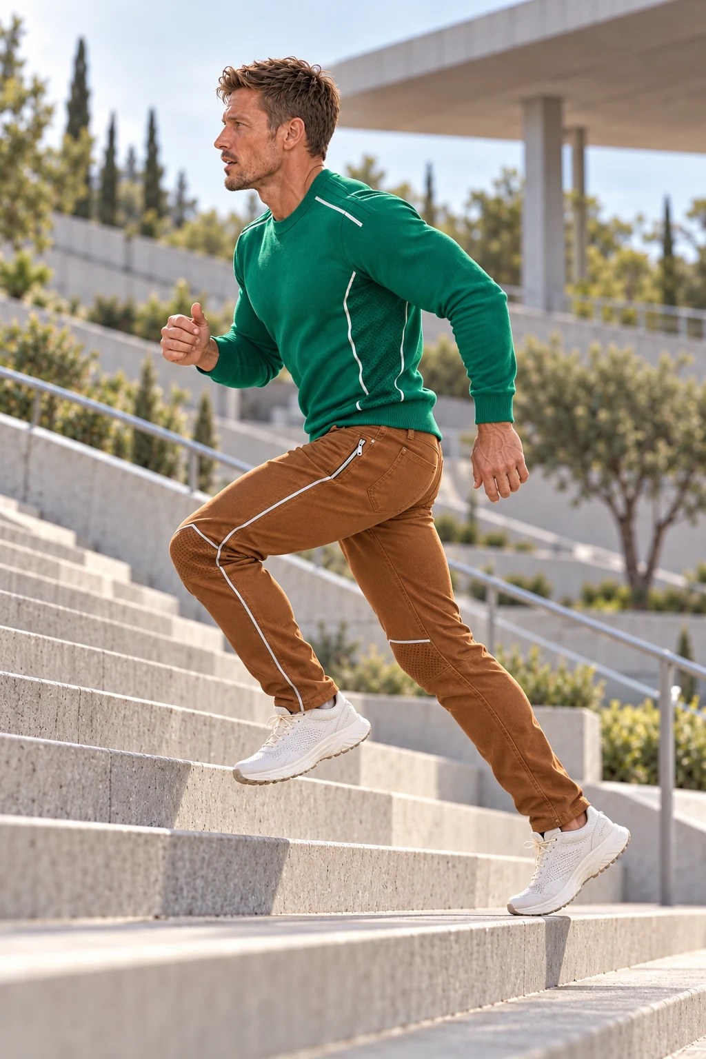 Gunnar running up stadium steps in profile, wearing the Second Wind knit crew with Trail Dust performance jeans