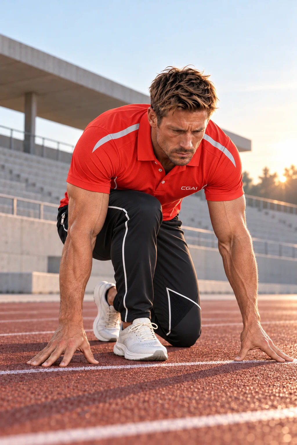 Gunnar in the red Start Line polo and Night Pacer trousers, focused in a sprinter's starting crouch