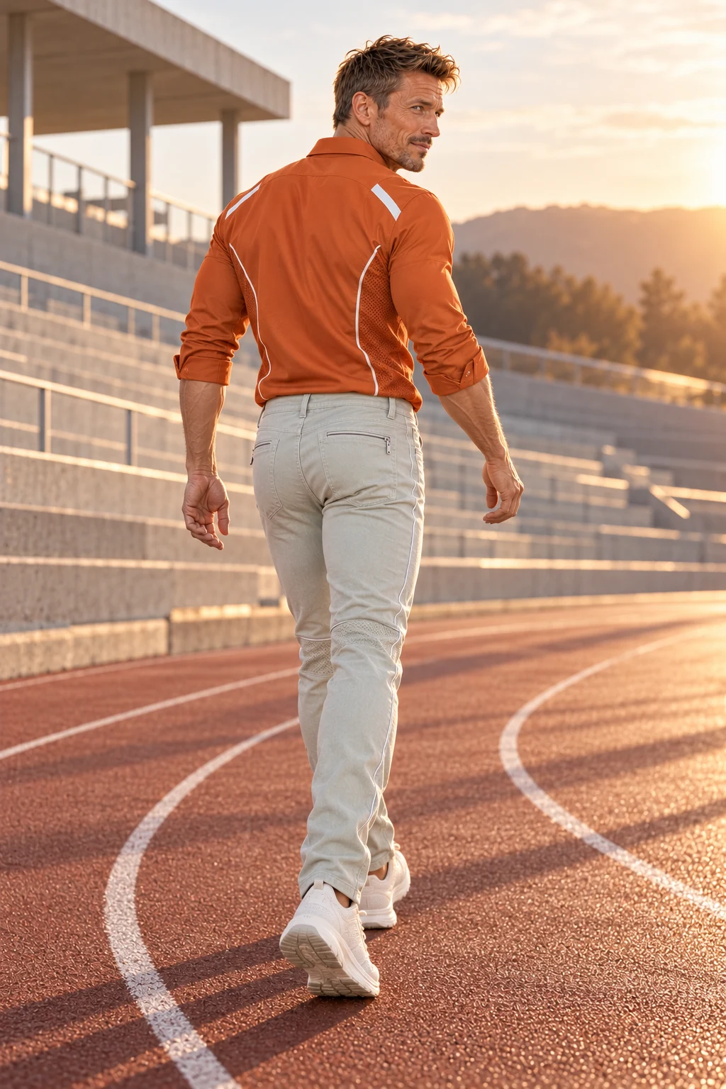 Gunnar walking away with an over-the-shoulder glance in the Trail Dust technical button-down and First Light performance jeans