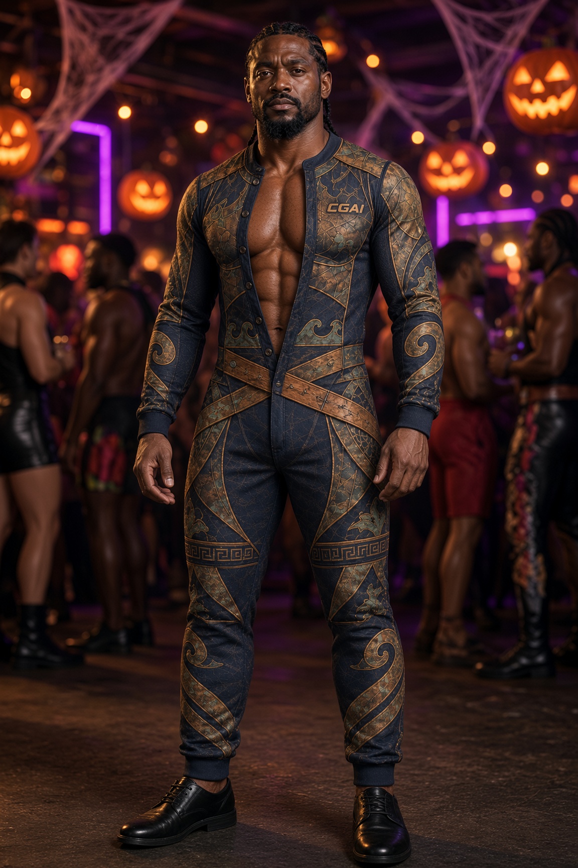 Cebisa in an ornate midnight and bronze fitted suit