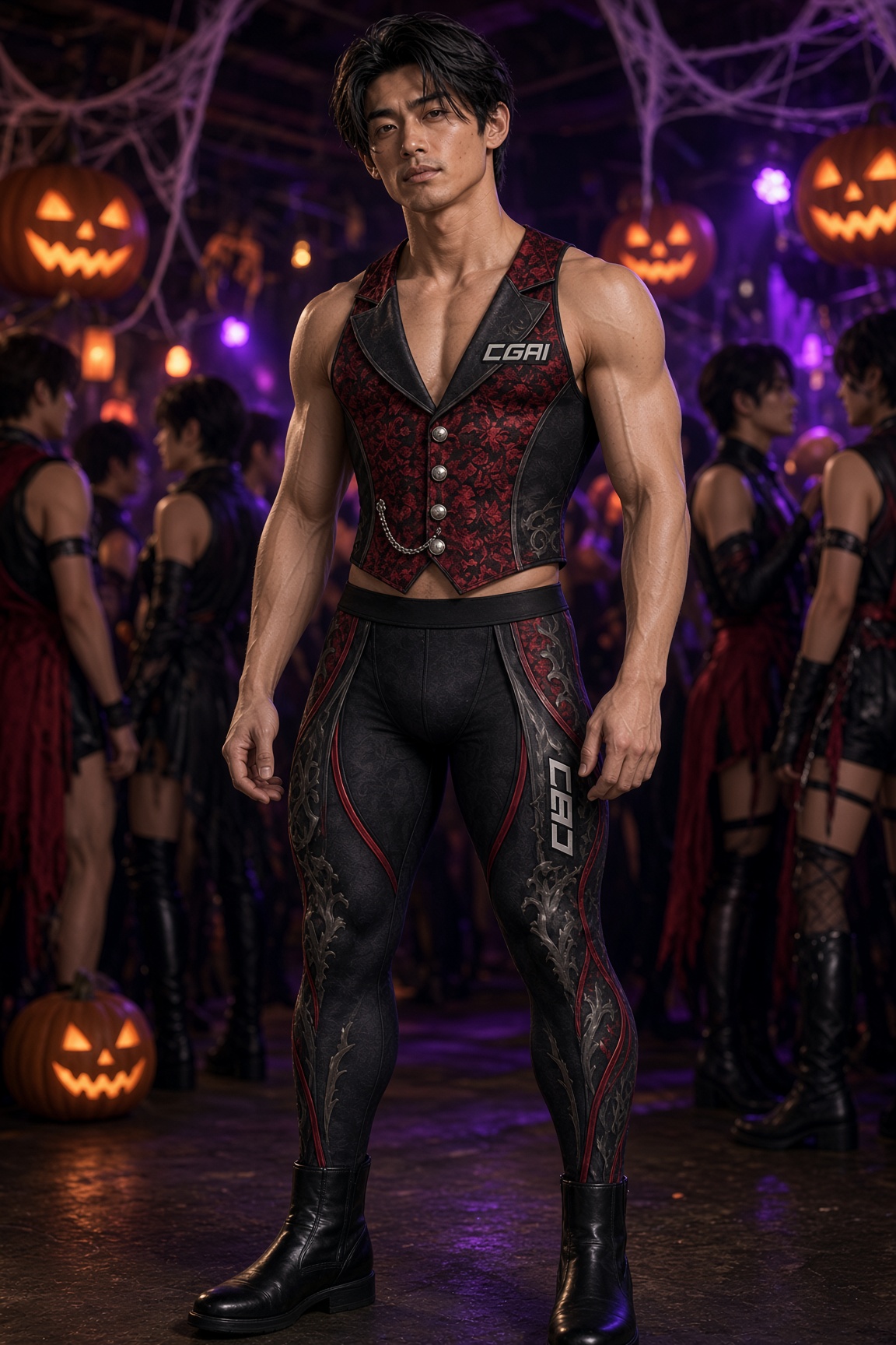 Itsuki in a crimson brocade vest and sculpted black trousers