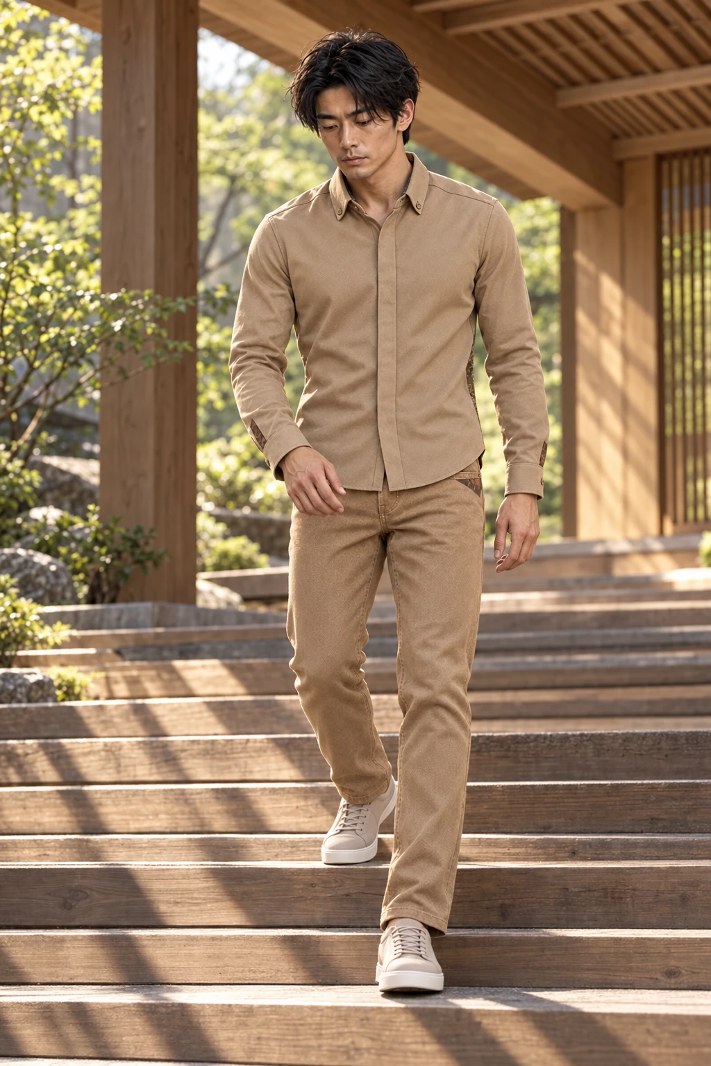 Itsuki descending timber steps in a Hinoki Wood Quiet Reveal Shirt and Quiet Fold Denim