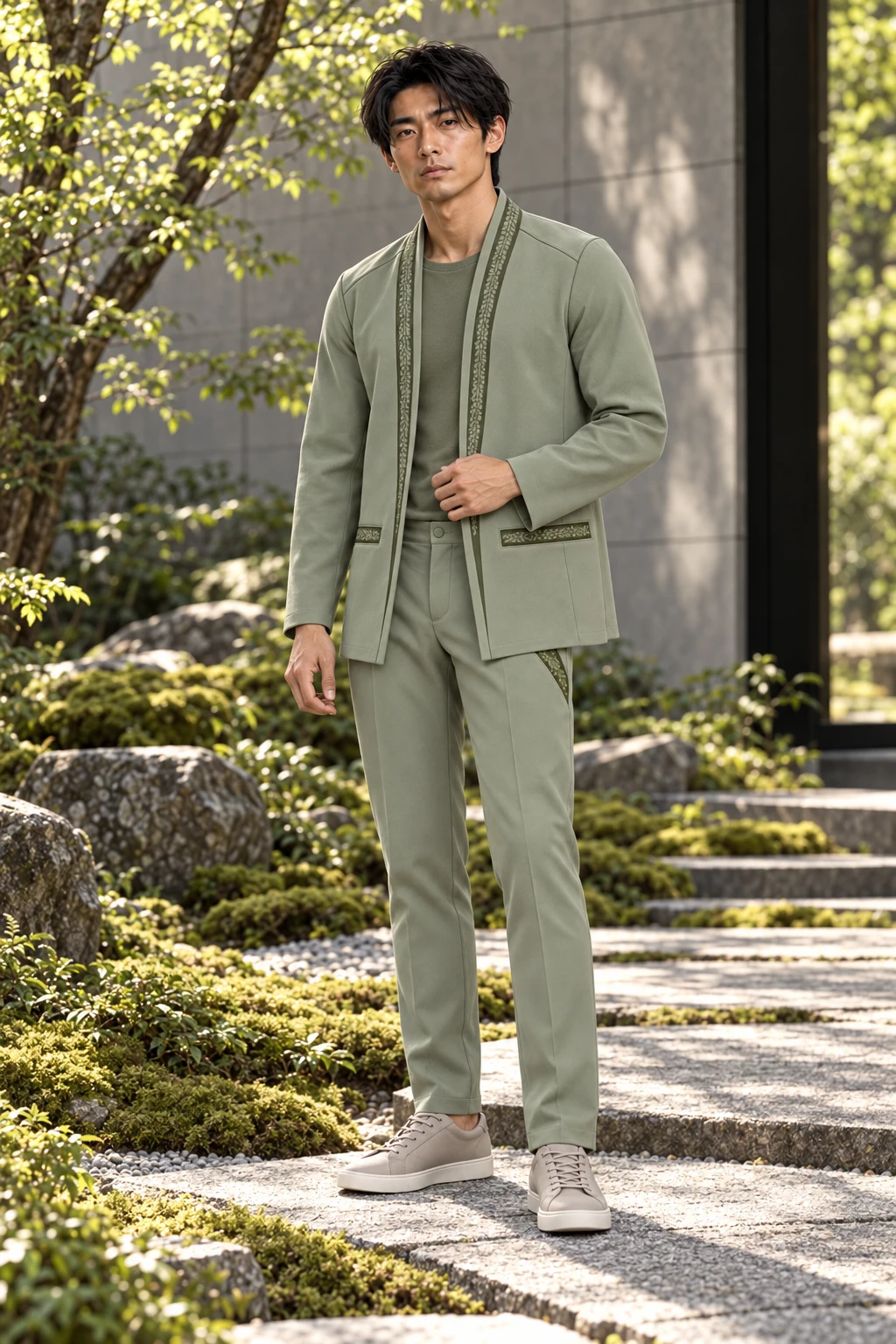Itsuki standing in a Moss Garden Tailored Haori and MA Fold Trouser in a quiet courtyard