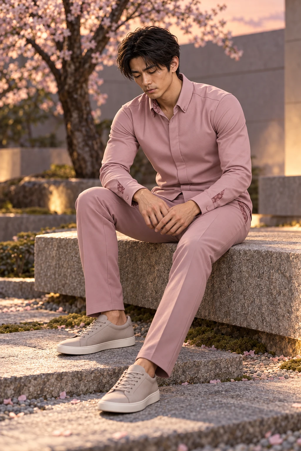 Itsuki seated beneath cherry blossom in a Sakura Dusk Quiet Reveal Shirt and MA Fold Trouser