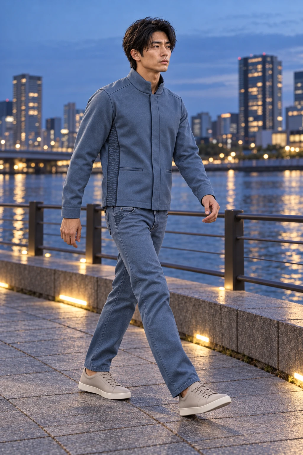 Itsuki walking along the river in a Sumida Indigo Quiet Motion Blouson and Quiet Fold Denim