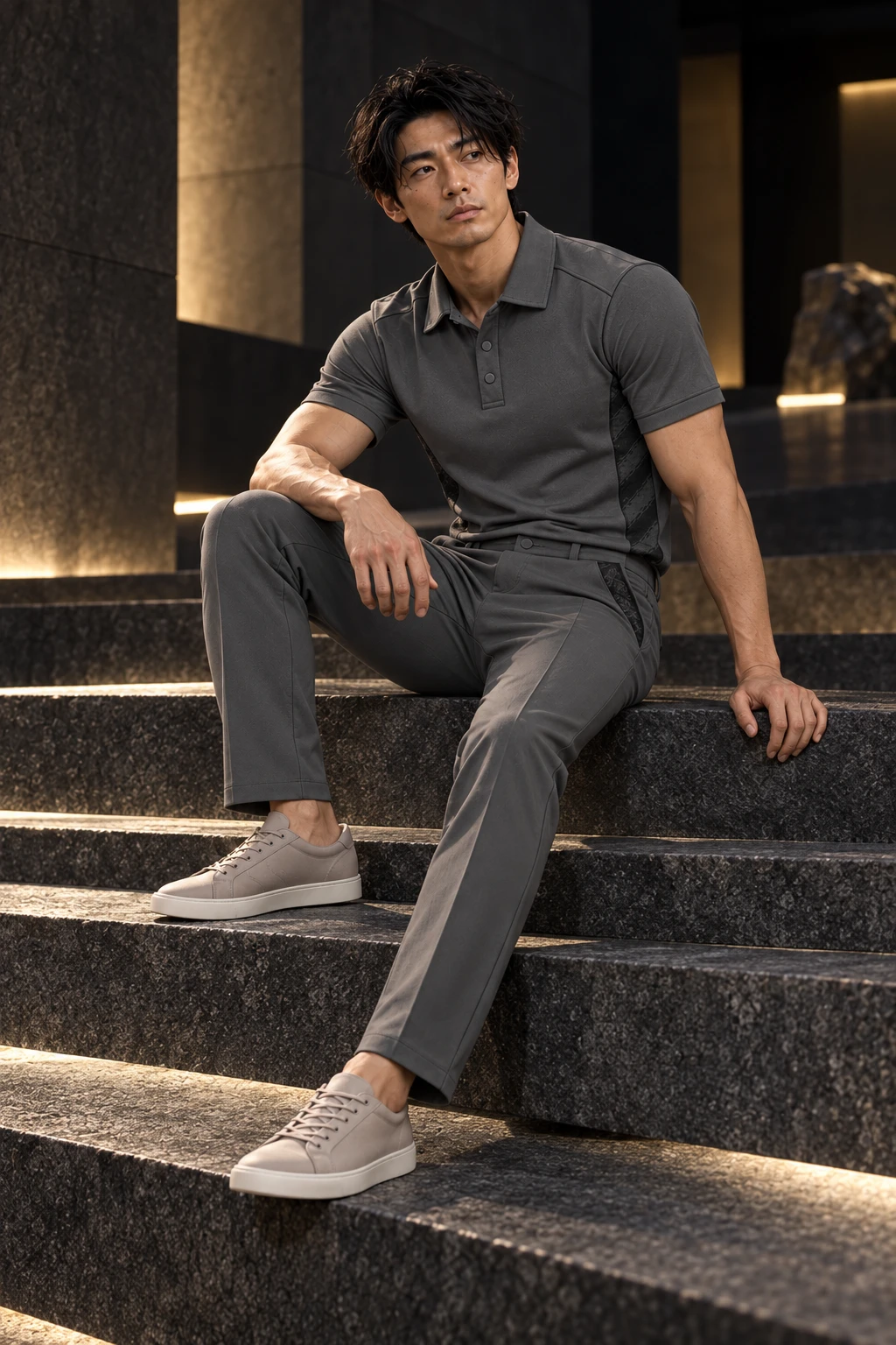 Itsuki seated on dark stone steps in a Tokyo Ink Quiet Form Polo and MA Fold Trouser