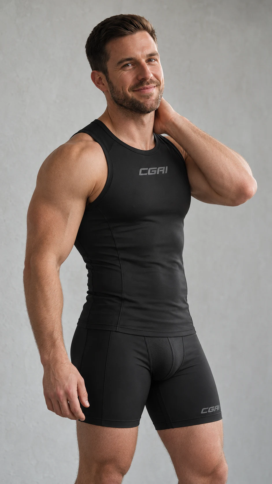 Ryan Bennett in a black Base Obsidian compression tank and matching six-inch compression shorts