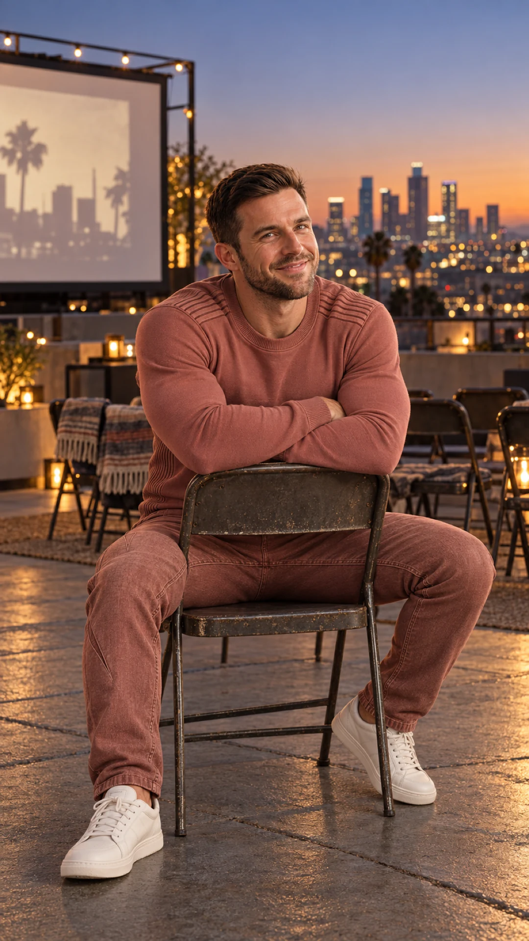Ryan Bennett smiling at the camera at a rooftop cinema in the Angeleno Echo Park ridge-panel crew and City Flex jeans
