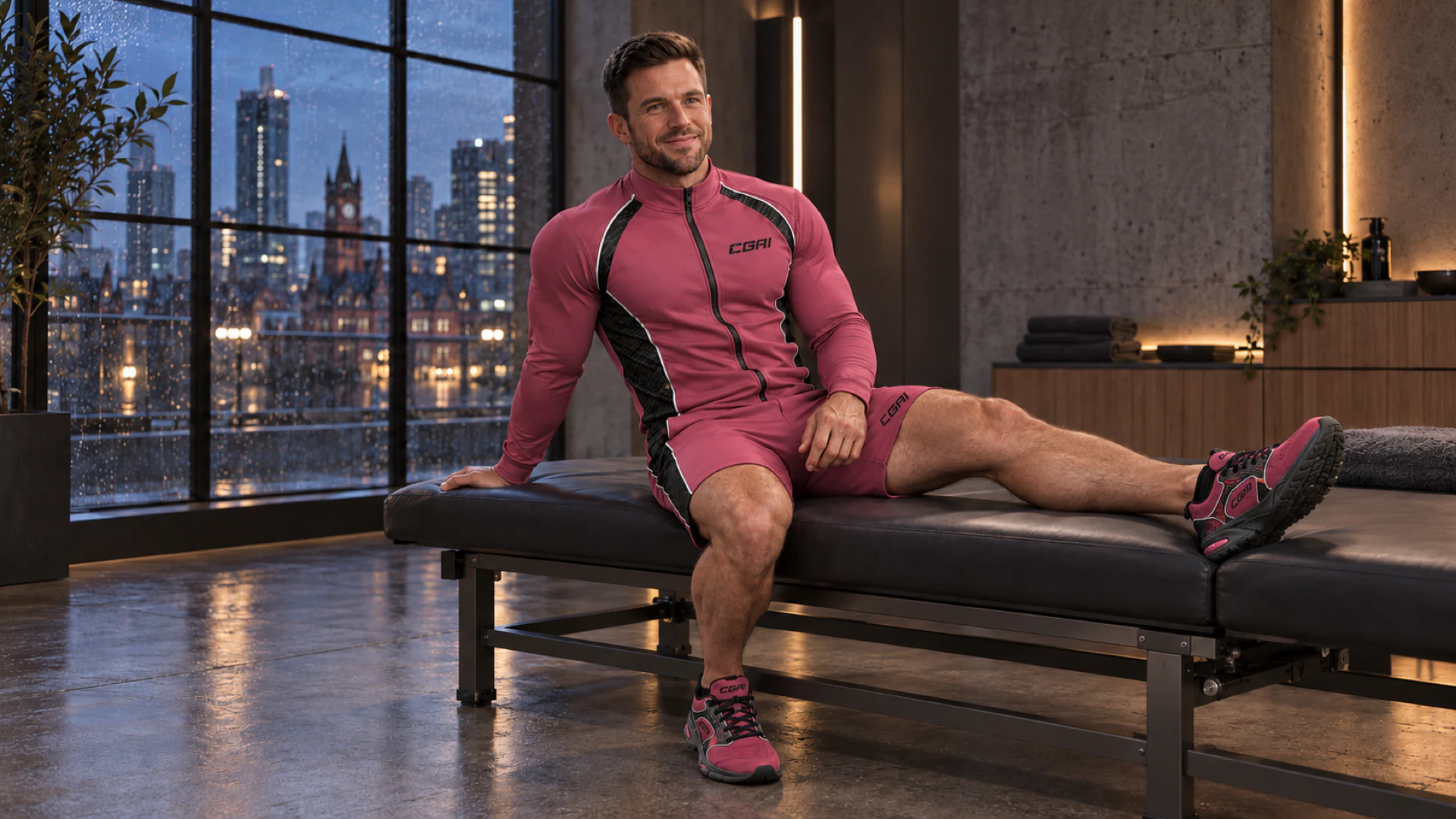 Ryan Bennett wearing the Carbon Ryan Rouge fitted sweat jacket, fitted sweat shorts and performance trainers in a private recovery studio