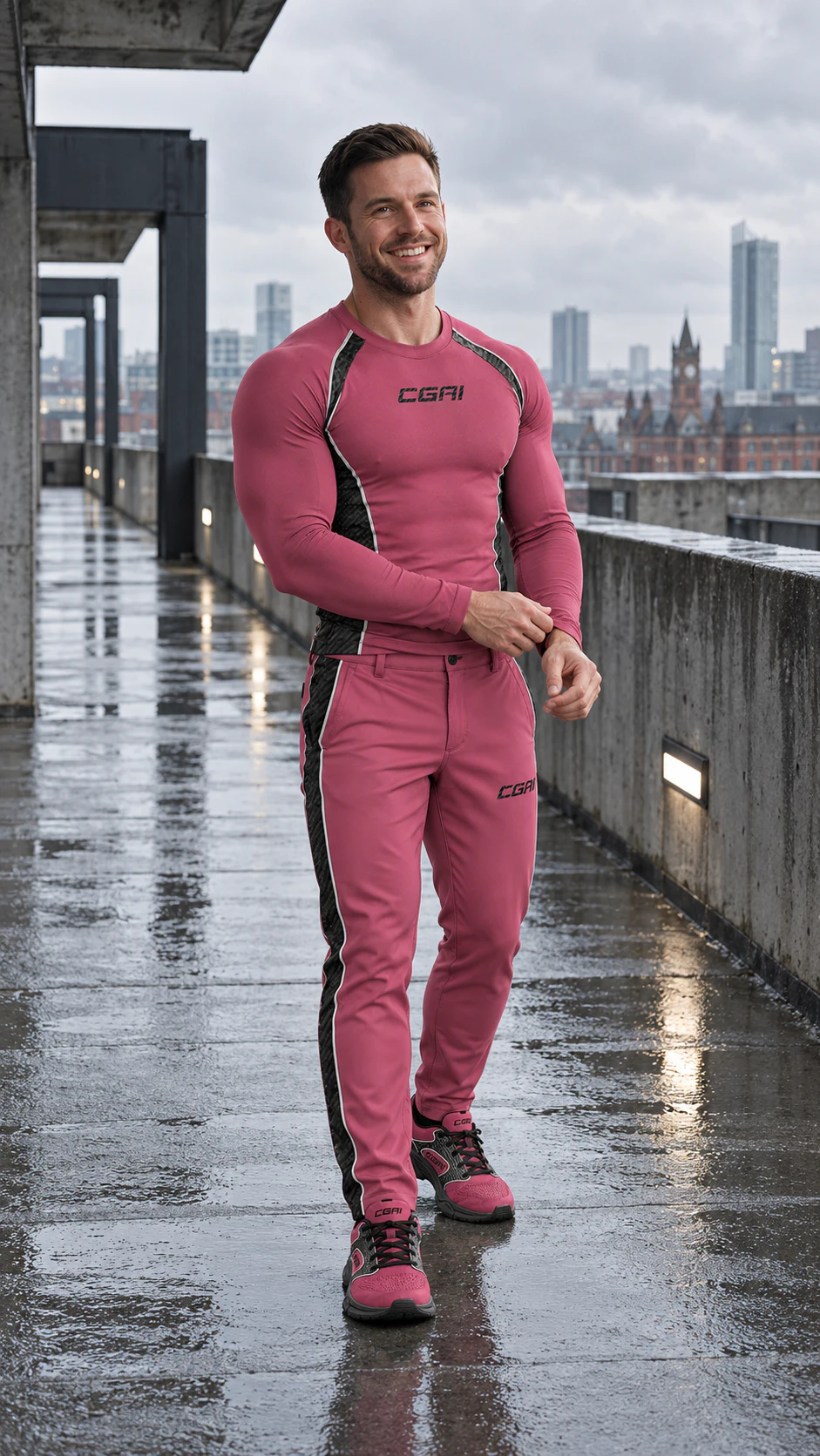 Ryan Bennett wearing a Ryan Rouge CGAI Carbon compression top and tailored performance pants on a rain-wet Manchester rooftop